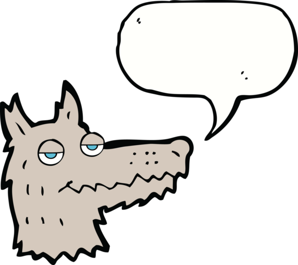 Bir insan tarafından çizilmiş konuşma balonlu bir kurt kafası.