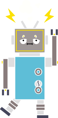 Bir insan tarafından çizilmiş arızalı bir robotun düz renk retro karikatürü