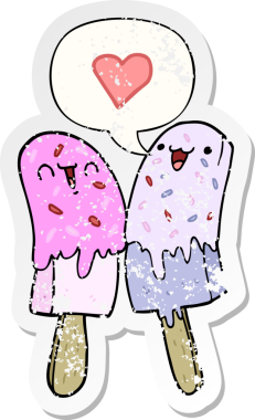 Karikatür buz lolipopu, konuşma baloncuğuna aşık. Bir insan tarafından çizilmiş sıkıntılı eski bir çıkartma.