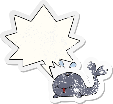 Mutlu balina çizgi filmi konuşma baloncuğu bir insan tarafından çizilmiş sıkıntılı eski bir çıkartma