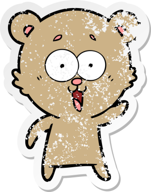 Bir insan tarafından çizilmiş gülen oyuncak ayının sıkıntılı çıkartması.