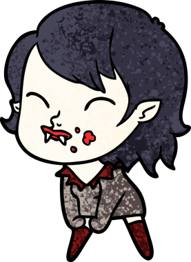 Bir insan tarafından çizilmiş yanağında kan olan vampir kız çizgi filmi.