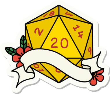 Bir insan tarafından çizilmiş 20 D20 zarının çıkartması.