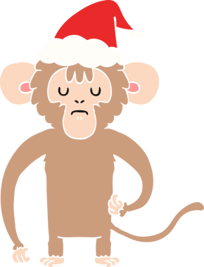 Bir insan tarafından çizilmiş Noel Baba şapkası giymiş bir maymunun düz renkli çizimi.