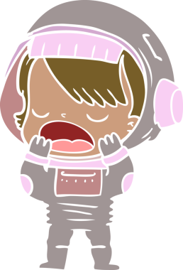 Düz renkli çizgi film konuşan astronot bir insan tarafından çizilmiş.