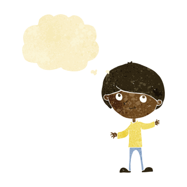 Bir insan tarafından çizilmiş düşünce balonu olan mutlu çocuk çizgi filmi.