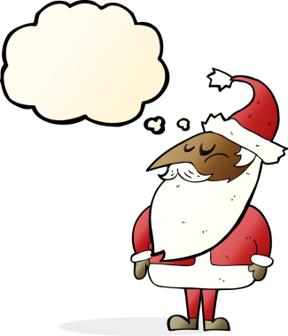 Bir insan tarafından çizilmiş düşünce baloncuklu Noel Baba çizgi filmi.