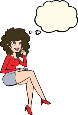 Bir insan tarafından çizilmiş düşünce balonuyla oturan bir ofis kadını.