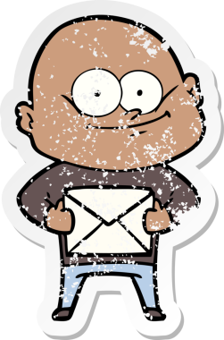 Bir insan tarafından çizilmiş mektupla bakan kel bir adamın sıkıntılı çıkartması.