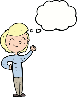 Bir insan tarafından çizilmiş düşünce balonlu, çizgi film dostu el sallayan kadın.