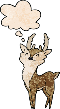 bir insan tarafından çizilmiş grunge desenli düşünce baloncuğu olan mutlu bir geyik çizgi filmi.
