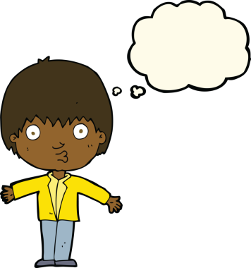 Bir insan tarafından çizilmiş düşünce baloncuğu olan bir çocuk.