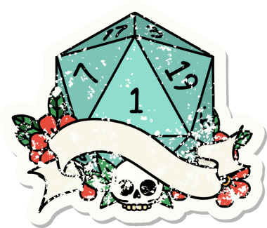 Bir insan tarafından çizilmiş doğal bir d20 zarının grunge çıkartması.