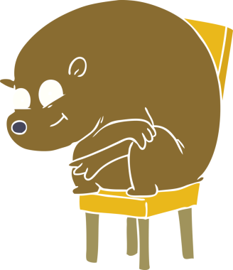 Düz renkli çizgi film ayısı bir insan tarafından çizilmiş sandalyede oturuyor.