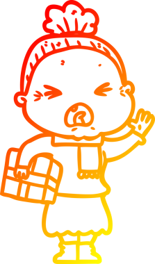 Bir insan tarafından çizilmiş kızgın yaşlı bir kadının sıcak çizgi çizimi.