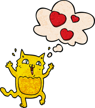 Çizgi film kedisi bir insan tarafından çizilmiş grunge dokusunda düşünce baloncuğuna delicesine aşık.