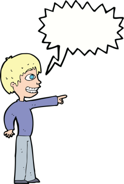 Bir insan tarafından çizilmiş konuşma balonuyla işaret eden sırıtan çocuk.