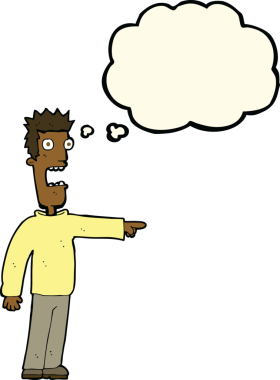 Bir insan tarafından çizilmiş düşünce baloncuğuyla dehşete düşmüş bir adam.