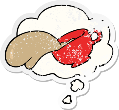 Düşünce baloncuklu çizgi film kahve fincanı insan tarafından çizilmiş yıpranmış bir çıkartma gibi.