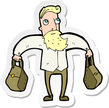 Bir insan tarafından çizilmiş çantalar taşıyan bir hippi çizgi film etiketi.