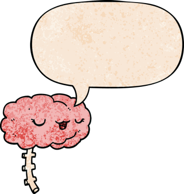 Bir insan tarafından çizilmiş geçmişe dönük konuşma baloncuklu mutlu çizgi film beyni.