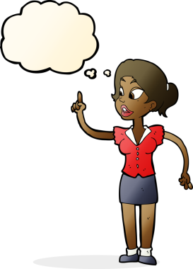 Bir insan tarafından çizilmiş düşünce baloncuğuyla harika bir fikri olan çizgi film kadını.