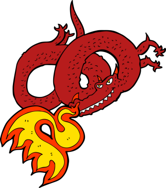 Bir insan tarafından çizilmiş ateş püskürten çizgi film ejderhası.