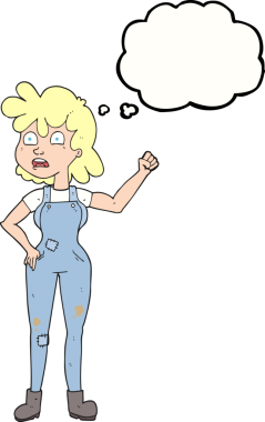 Düşünce baloncuğu çizen kadın bir insan tarafından çizilmiş yumruğu sallıyor.