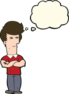 Bir insan tarafından çizilmiş düşünce balonlu kolları katlanmış çizgi film adamı.