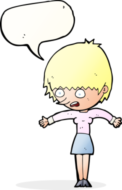 Bir insan tarafından çizilen konuşma baloncuğuyla panikleyen çizgi film kadını.