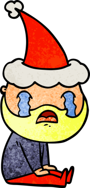 Bir insanın çizdiği Noel Baba şapkasıyla ağlayan sakallı bir adamın el çizimi karikatürü.