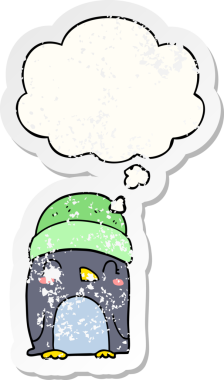 Düşünce baloncuğu olan sevimli penguen dertli bir çıkartma gibi bir insan tarafından çizilmiş.