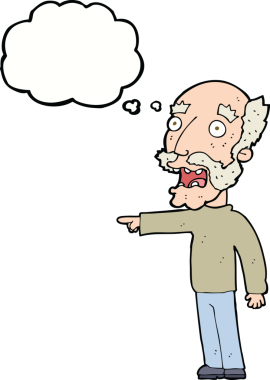 Bir insan tarafından çizilmiş düşünce baloncuğuyla işaret eden korkmuş yaşlı bir adam.