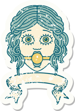 Üzerinde kadın yüzü işareti olan eski bir çıkartma bir insan tarafından çizilmiş bir top takıyor.