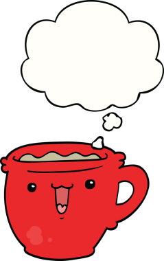 Bir insan tarafından çizilmiş düşünce baloncuklu şirin çizgi film kahve fincanı.