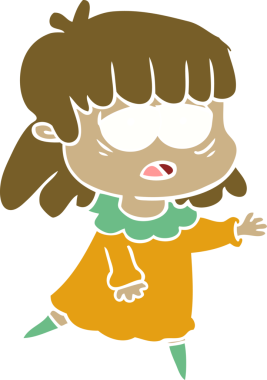 Düz renkli çizgi film. Bir insan tarafından çizilmiş yorgun kadın.