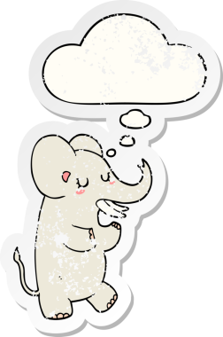 Düşünce baloncuğu olan karikatür fili insan tarafından çizilmiş yıpranmış bir çıkartma gibi.