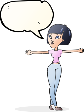 Serbest konuşma balonu çizen karikatür kadın bir insan tarafından çekilen kollarını açıyor.