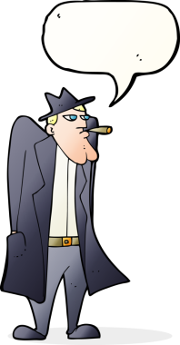 Bir insan tarafından çizilmiş konuşma balonlu şapkalı ve trençkotlu bir adam.