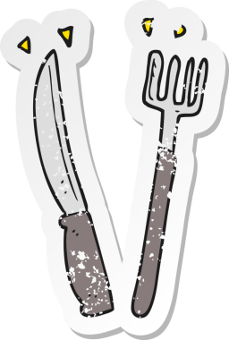 Çizgi film bıçağı ve çatalının insan tarafından çizilmiş gerilimli yapıştırması.