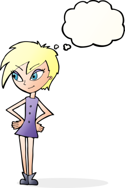 Bir insan tarafından çizilmiş düşünce baloncuğu olan elleri kalçasında çizgi film kızı.