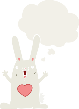 Düşünce baloncuğuna aşık çizgi film tavşanı insan tarafından çizilmiş.