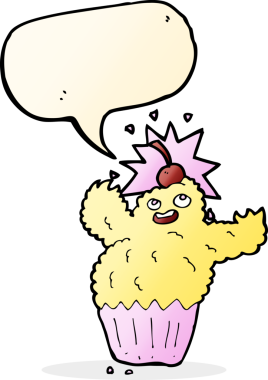 Bir insan tarafından çizilmiş konuşma balonlu kek canavarı.