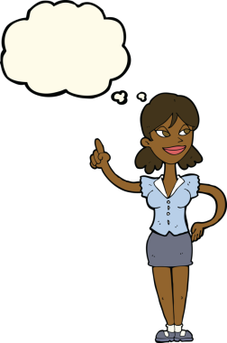 Bir insan tarafından çizilmiş düşünce baloncuğuyla harika bir fikri olan çizgi film kadını.