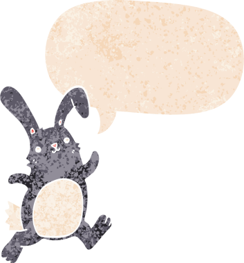 Konuşma baloncuğuyla koşan çizgi film tavşanı bir insan tarafından çizilmiş dertli retro stili.