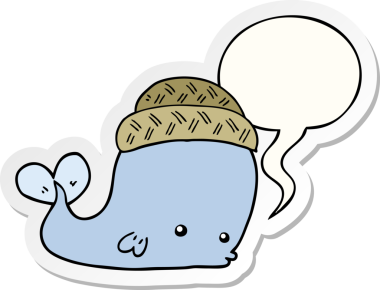 Bir insan tarafından çizilmiş konuşma balonu çıkartmalı şapka takan bir balina.