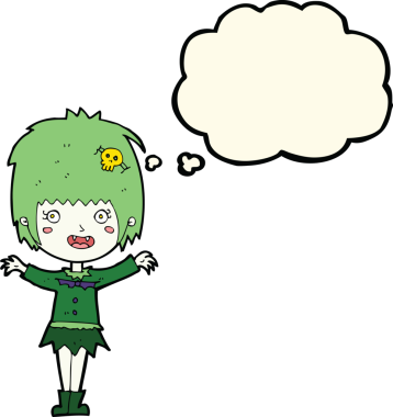 Bir insan tarafından çizilmiş düşünce balonlu mutlu vampir kız çizgi filmi.