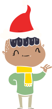 Bir insan tarafından çizilmiş Noel Baba şapkası takan dost canlısı bir çocuğun düz renkli çizimi.