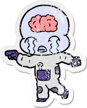 Bir çizgi filmin sıkıntılı çıkartması. Bir insan tarafından çizilmiş büyük beyinli uzaylı ağlaması.