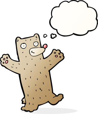 Bir insan tarafından çizilmiş düşünce baloncuklu çizgi film ayısı.